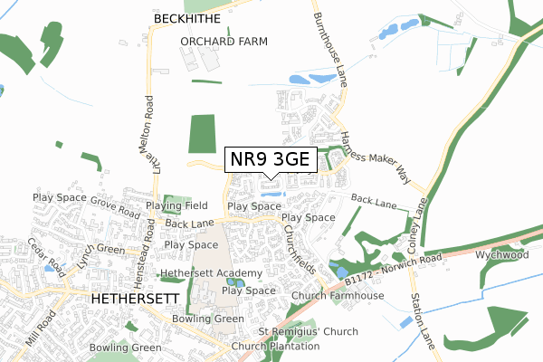 NR9 3GE map - small scale - OS Open Zoomstack (Ordnance Survey)