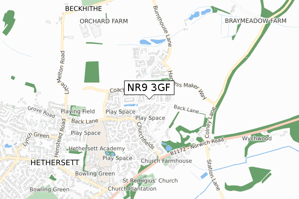 NR9 3GF map - small scale - OS Open Zoomstack (Ordnance Survey)