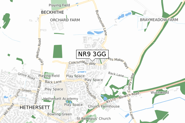 NR9 3GG map - small scale - OS Open Zoomstack (Ordnance Survey)