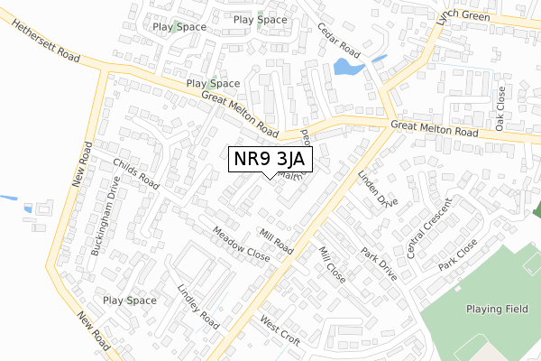 NR9 3JA map - large scale - OS Open Zoomstack (Ordnance Survey)