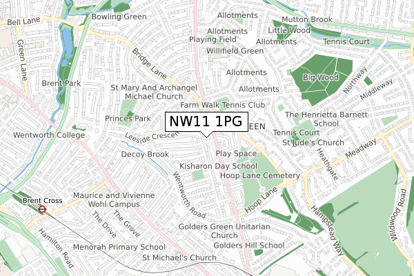 NW11 1PG map - small scale - OS Open Zoomstack (Ordnance Survey)