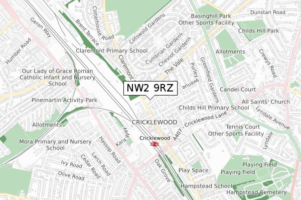 NW2 9RZ map - small scale - OS Open Zoomstack (Ordnance Survey)