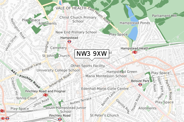 NW3 9XW map - small scale - OS Open Zoomstack (Ordnance Survey)