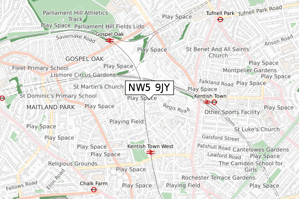 NW5 9JY map - small scale - OS Open Zoomstack (Ordnance Survey)