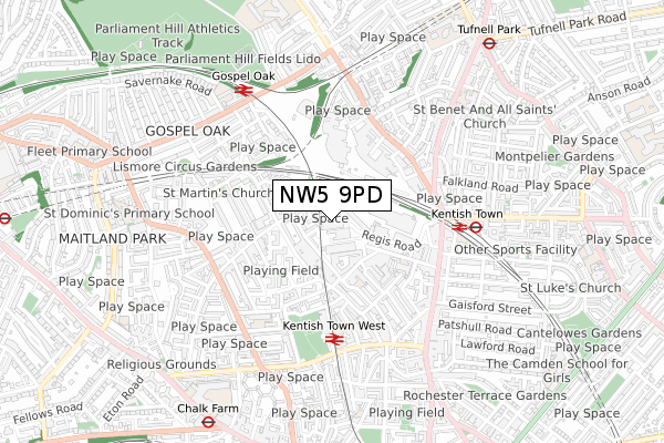 NW5 9PD map - small scale - OS Open Zoomstack (Ordnance Survey)