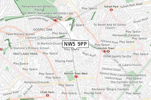 NW5 9PP map - small scale - OS Open Zoomstack (Ordnance Survey)