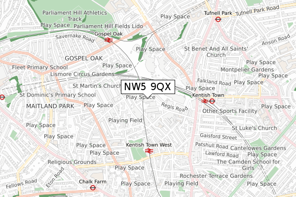 NW5 9QX map - small scale - OS Open Zoomstack (Ordnance Survey)