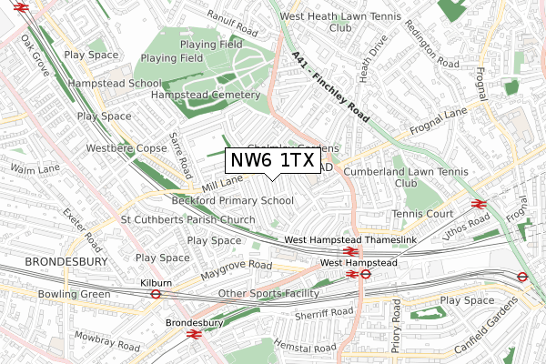 NW6 1TX map - small scale - OS Open Zoomstack (Ordnance Survey)