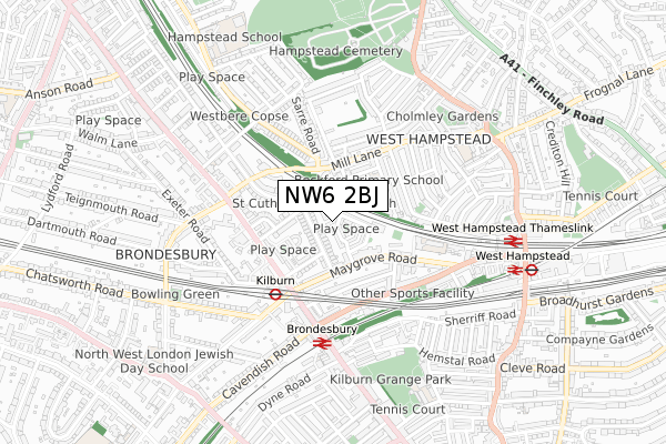 NW6 2BJ map - small scale - OS Open Zoomstack (Ordnance Survey)