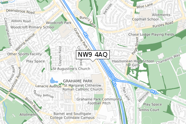 NW9 4AQ map - small scale - OS Open Zoomstack (Ordnance Survey)