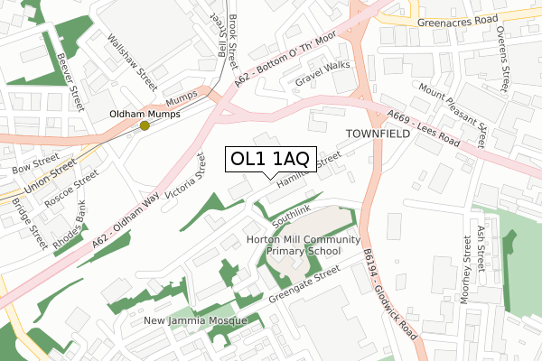 OL1 1AQ map - large scale - OS Open Zoomstack (Ordnance Survey)