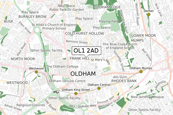 OL1 2AD map - small scale - OS Open Zoomstack (Ordnance Survey)