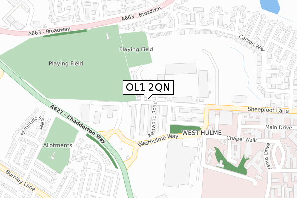 OL1 2QN map - large scale - OS Open Zoomstack (Ordnance Survey)
