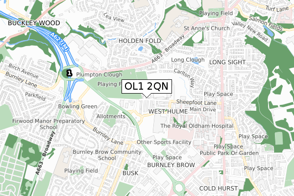 OL1 2QN map - small scale - OS Open Zoomstack (Ordnance Survey)