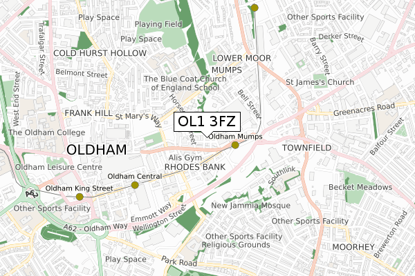 OL1 3FZ map - small scale - OS Open Zoomstack (Ordnance Survey)