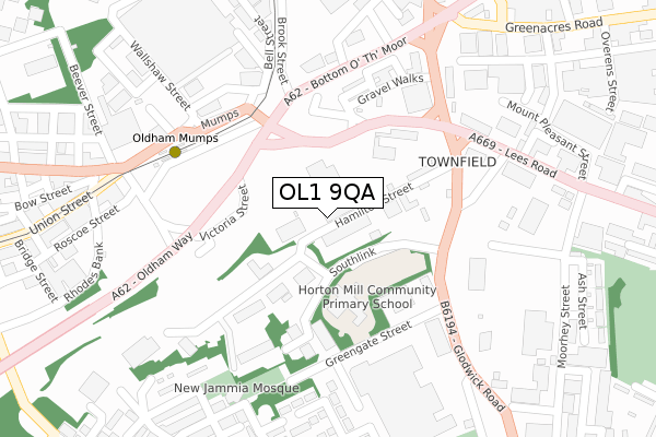 OL1 9QA map - large scale - OS Open Zoomstack (Ordnance Survey)