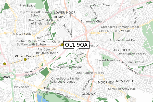 OL1 9QA map - small scale - OS Open Zoomstack (Ordnance Survey)