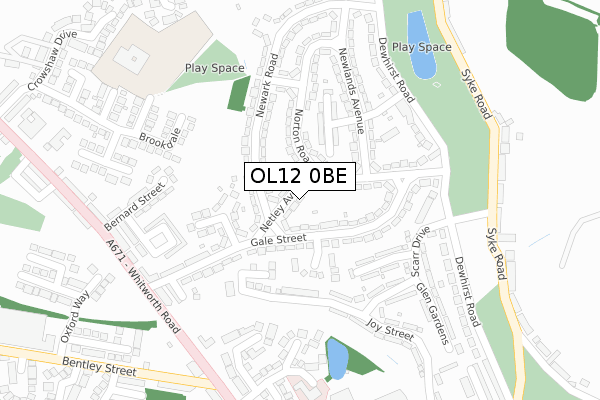 OL12 0BE map - large scale - OS Open Zoomstack (Ordnance Survey)