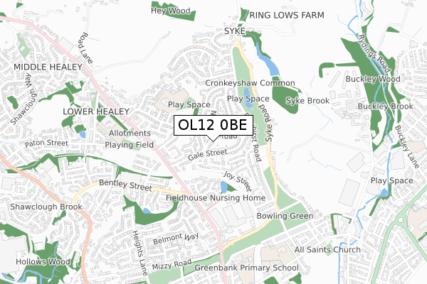 OL12 0BE map - small scale - OS Open Zoomstack (Ordnance Survey)