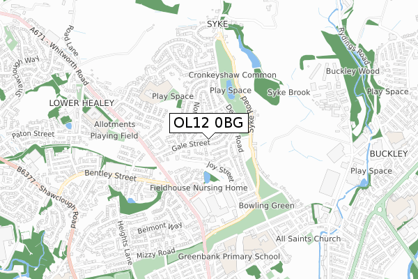 OL12 0BG map - small scale - OS Open Zoomstack (Ordnance Survey)