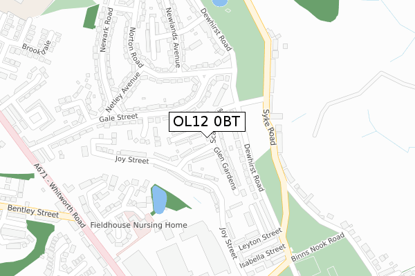 OL12 0BT map - large scale - OS Open Zoomstack (Ordnance Survey)