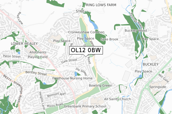 OL12 0BW map - small scale - OS Open Zoomstack (Ordnance Survey)