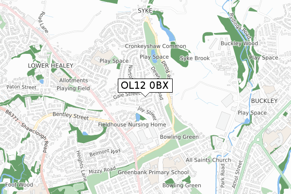 OL12 0BX map - small scale - OS Open Zoomstack (Ordnance Survey)