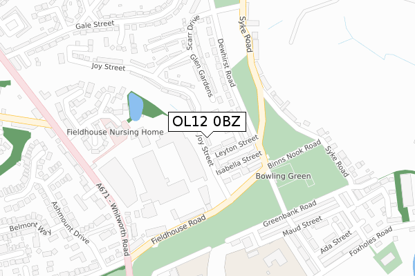 OL12 0BZ map - large scale - OS Open Zoomstack (Ordnance Survey)