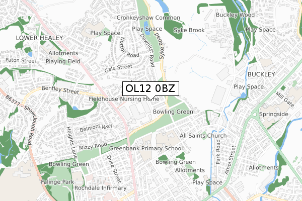 OL12 0BZ map - small scale - OS Open Zoomstack (Ordnance Survey)