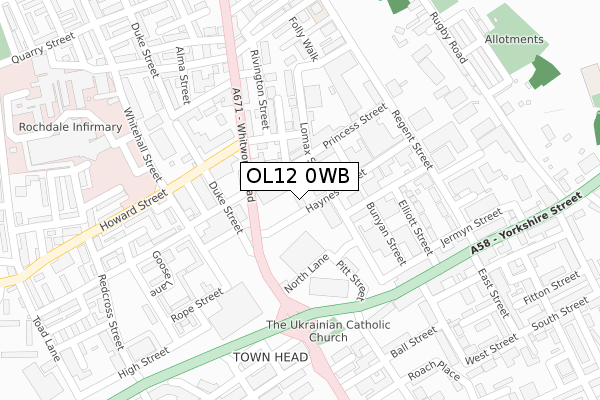 OL12 0WB map - large scale - OS Open Zoomstack (Ordnance Survey)