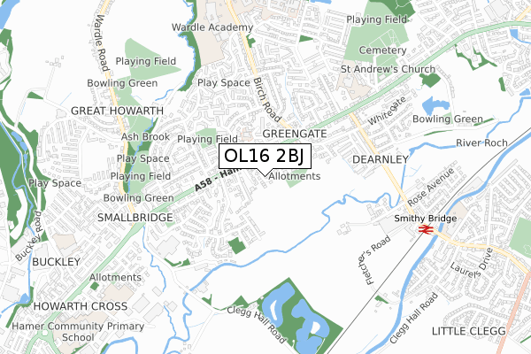 OL16 2BJ map - small scale - OS Open Zoomstack (Ordnance Survey)