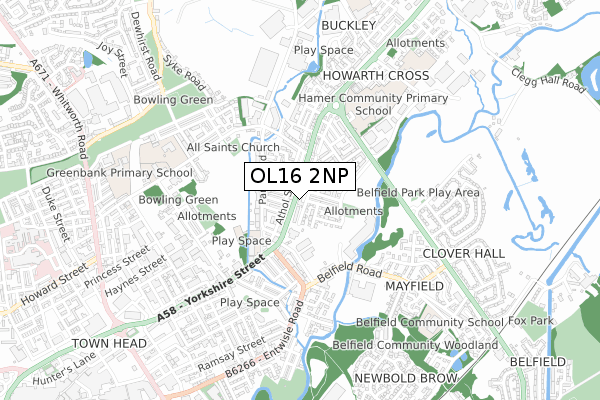 OL16 2NP map - small scale - OS Open Zoomstack (Ordnance Survey)