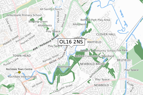 OL16 2NS map - small scale - OS Open Zoomstack (Ordnance Survey)