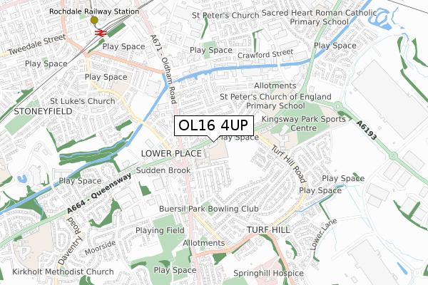 OL16 4UP map - small scale - OS Open Zoomstack (Ordnance Survey)