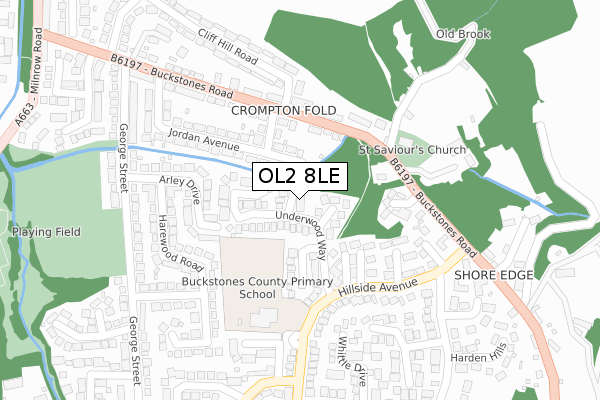 OL2 8LE map - large scale - OS Open Zoomstack (Ordnance Survey)