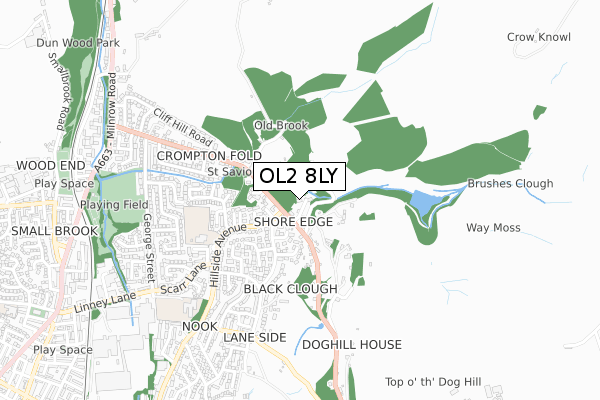OL2 8LY map - small scale - OS Open Zoomstack (Ordnance Survey)