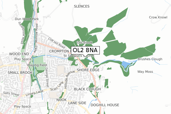OL2 8NA map - small scale - OS Open Zoomstack (Ordnance Survey)