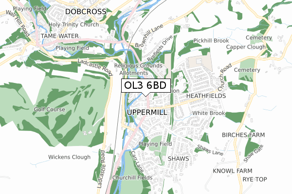 OL3 6BD map - small scale - OS Open Zoomstack (Ordnance Survey)