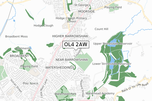 OL4 2AW map - small scale - OS Open Zoomstack (Ordnance Survey)