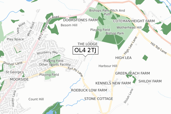 OL4 2TJ map - small scale - OS Open Zoomstack (Ordnance Survey)