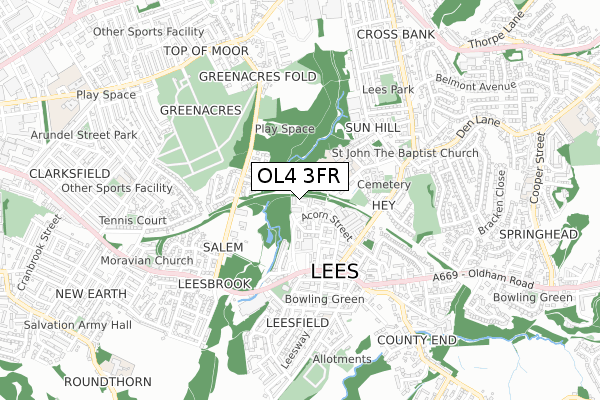 OL4 3FR map - small scale - OS Open Zoomstack (Ordnance Survey)