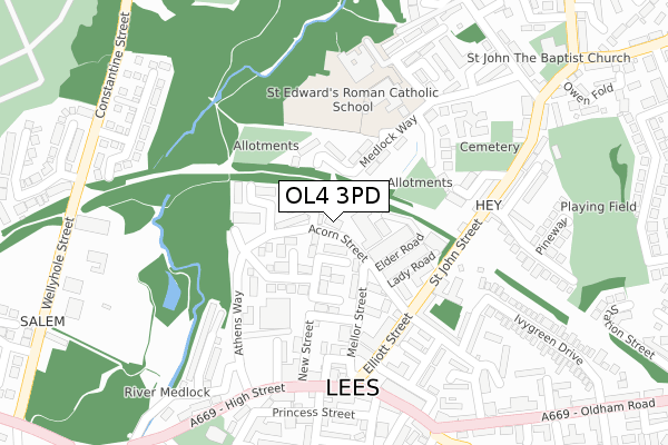 OL4 3PD map - large scale - OS Open Zoomstack (Ordnance Survey)