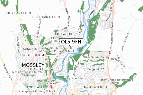OL5 9FH map - small scale - OS Open Zoomstack (Ordnance Survey)