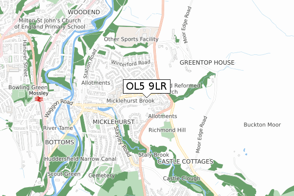 OL5 9LR map - small scale - OS Open Zoomstack (Ordnance Survey)