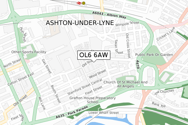 OL6 6AW map - large scale - OS Open Zoomstack (Ordnance Survey)