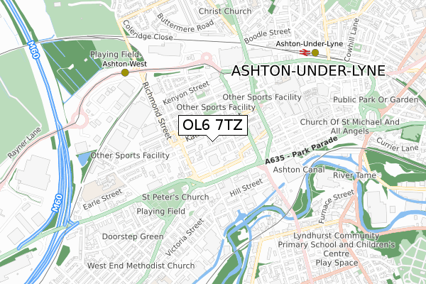 OL6 7TZ map - small scale - OS Open Zoomstack (Ordnance Survey)