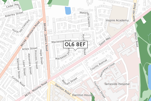 OL6 8EF map - large scale - OS Open Zoomstack (Ordnance Survey)