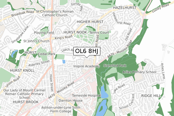 OL6 8HJ map - small scale - OS Open Zoomstack (Ordnance Survey)