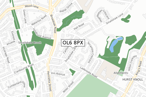 OL6 8PX map - large scale - OS Open Zoomstack (Ordnance Survey)
