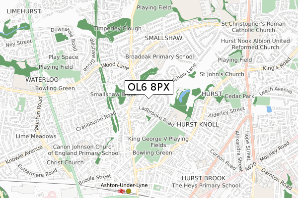 OL6 8PX map - small scale - OS Open Zoomstack (Ordnance Survey)